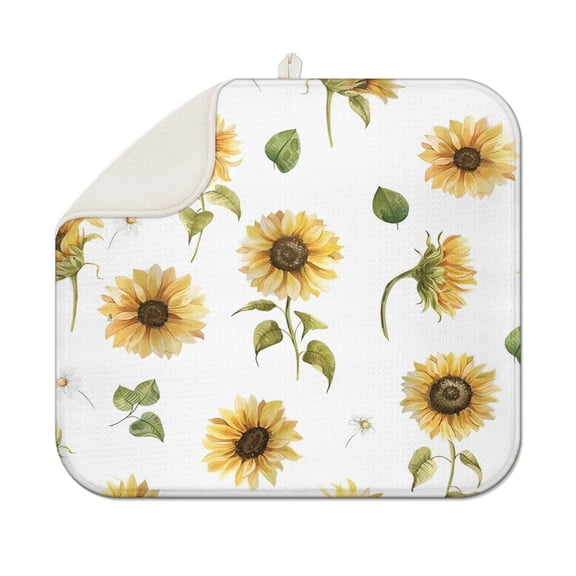 Bright Sunflower Kitchen Dish Drying Pad, Foldable Microfiber Rack Mat for Sink or Countertop Use, 16x18 Inch Absorbent