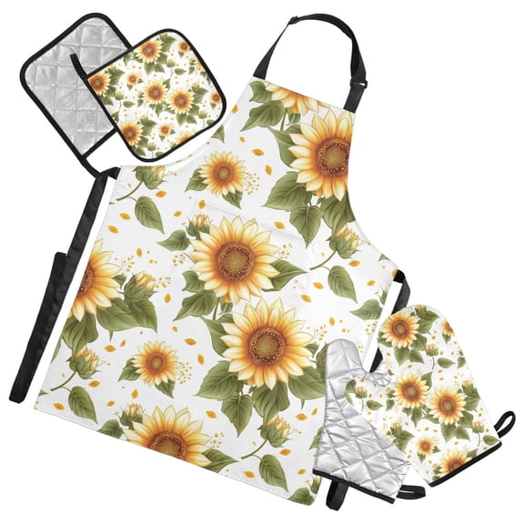 Bright Sunflower Oven Mitts and Pot Holders with Chef Apron Set 5 Pcs Kitchen Cooking Set
