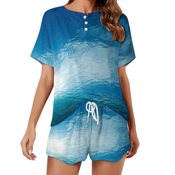 Bright Sunshine Through Deep Blue Sea 2 Pack Women’s Pajama Set Print Sleepwear And Shorts Y2k Loungewear Sets S-5XL