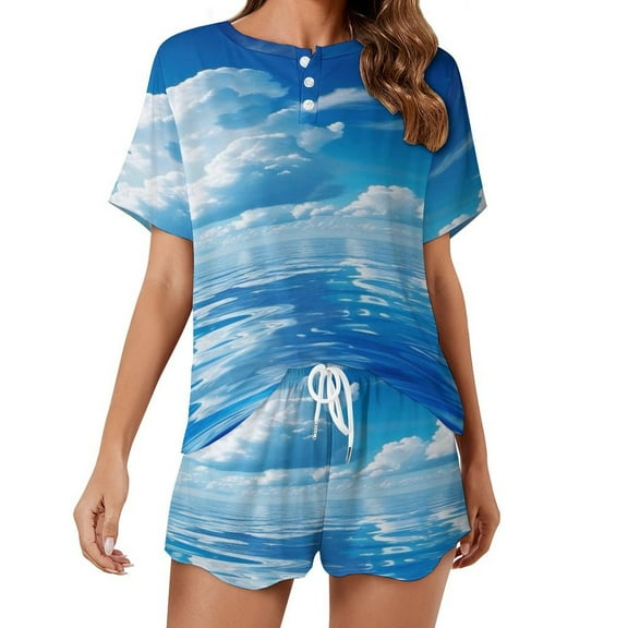 Bright Sunshine Through Deep Blue Sea 2 Pack Women’s Pajama Set Print Sleepwear And Shorts Y2k Loungewear Sets S-5XL