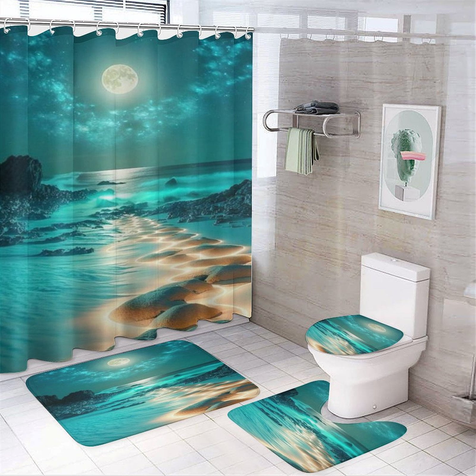 Bright Sunshine Through Deep Blue Sea 4Pcs Shower Curtain Set Shower Curtain Set with Carpet Bath Mat