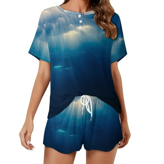 Bright Sunshine Through Deep Blue Sea Print Women'S Pajamas Set Summer Sleepwear Sets 2 Piece Lounge Set