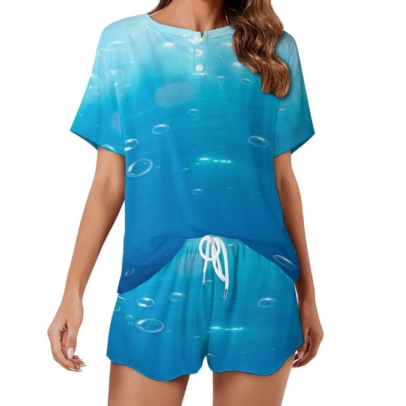 Bright Sunshine Through Deep Blue Sea Women's Ruffle Short Sleeve Tops And Shorts Cute Peeps Bunny Pajamas Sets