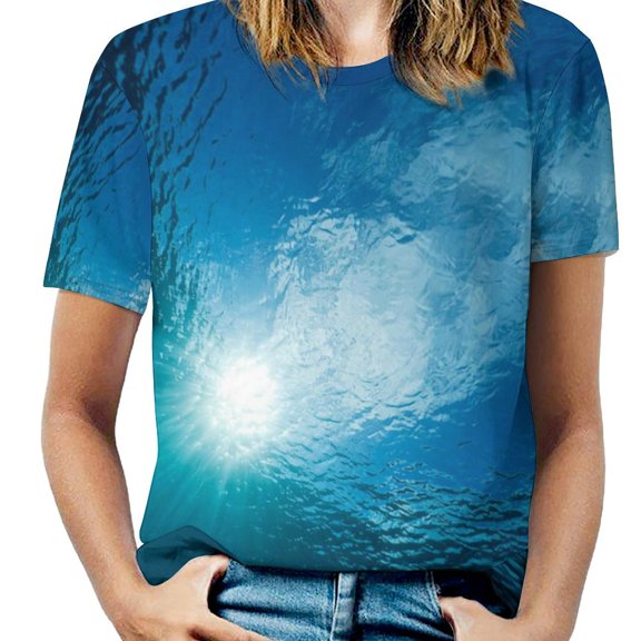 Bright Sunshine Through Deep Blue Sea Womens Tops Women's Fashion Casual Short Sleeve Flower Print Round Neck Pullover Top Blouse