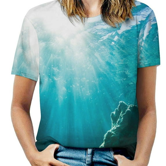 Bright Sunshine Through Deep Blue Sea Womens Tops Women's Fashion Casual Short Sleeve Flower Print Round Neck Pullover Top Blouse