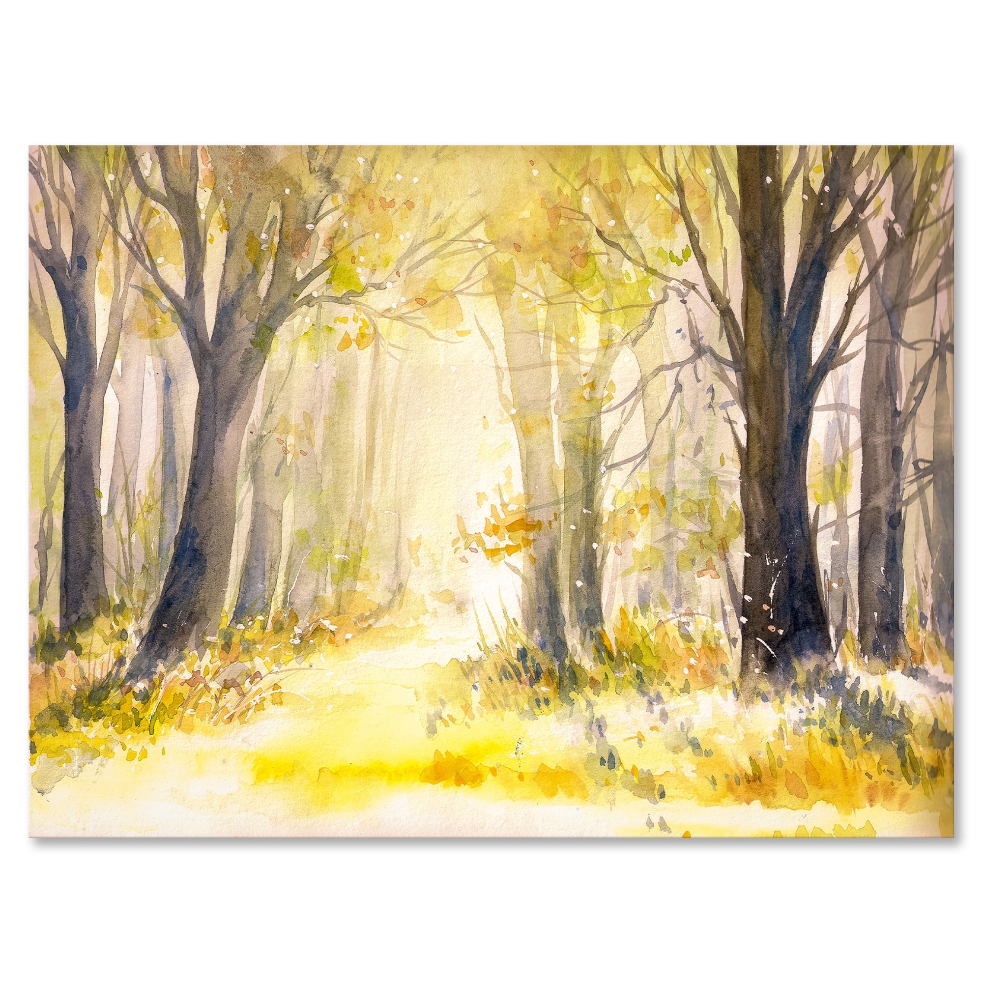Bright Sunshine Through The Yellow Forest Trees I 32 in x 16 in Painting Canvas Art Print, by Designart