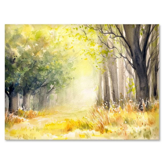 Bright Sunshine Through The Yellow Forest Trees III 40 in x 30 in Painting Canvas Art Print, by Designart