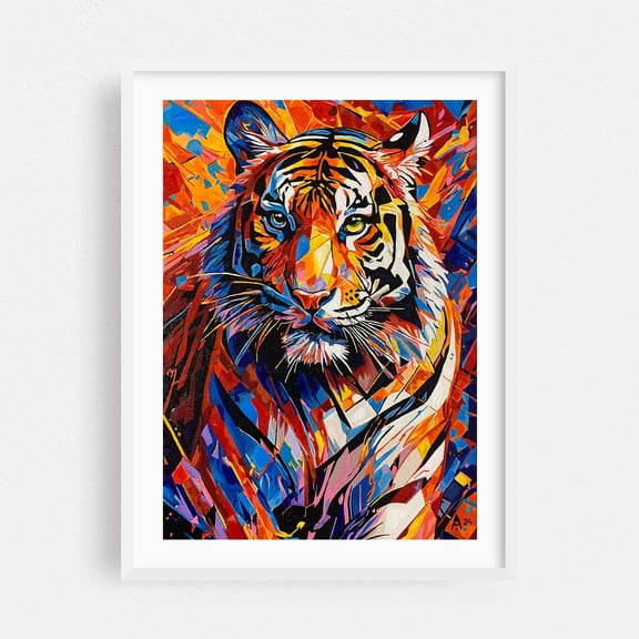 Bright Tiger - Painting Tiger Animal Abstract Wildlife Modern Art Geometric White Framed Wall Art Print 18 x 24 inches