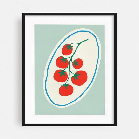 Bright Tomatoes on Retro Plate – Mid-Century Inspired Kitchen Art - Illustration Modern Art Fruit Kitchen Decor Minimalist Pop Art Botanical Black Framed Wall Art Print 24 x 36 inches