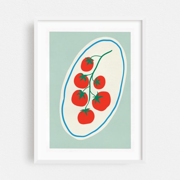 Bright Tomatoes on Retro Plate – Mid-Century Inspired Kitchen Art - Illustration Modern Art Fruit Kitchen Decor Minimalist Pop Art Botanical White Framed Wall Art Print 5 x 7 inches