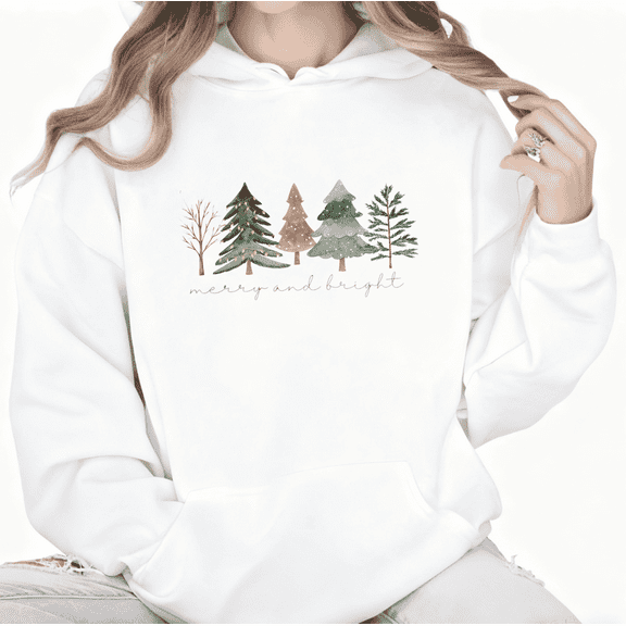 Bright Tree Graphic Comfortable and well-fitting Tee T-Shirt Print Top Hooded long-sleeved White S-2XL