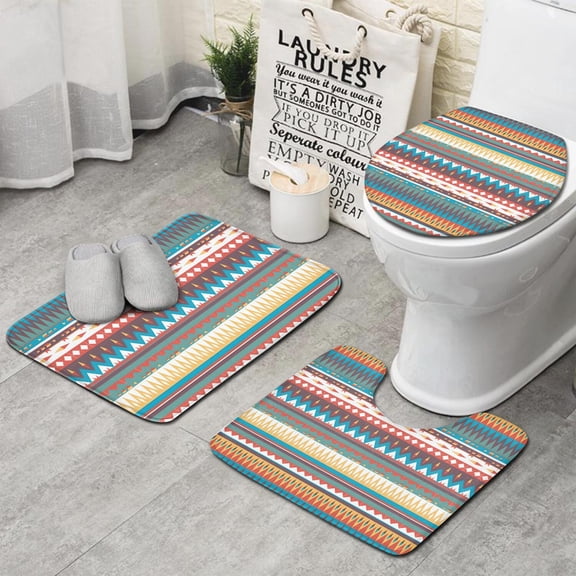 Bright Tribal Striped Pattern Bathroom Rugs Sets 3 Piece,Toilet Cover Set,Absorbent Non Slip Bathroom Mats Sets with U-Shaped Contour Rug Toilet Rug Set