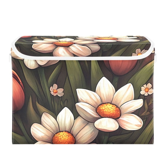 Bright Tulip Pattern Large Storage Bins with Linen Collapsible Lid Storage Box 16.7 x 12.6 x 11.8in
