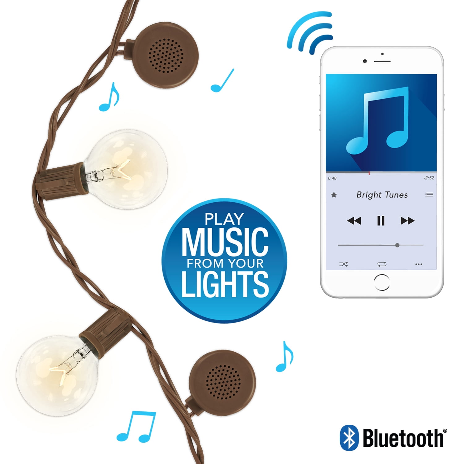 Bright Tunes Indoor/Outdoor Warm Incandescent Clear Round Bulbs Lights with Bluetooth Speakers, Brown Cord