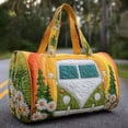 thumbnail image 1 of Bright Vintage Bus Canvas Duffel Bag, Recreational Embroidered Quilted Weekender Bag for Women, Large Capacity Travel Tote with Handles, 1 of 3