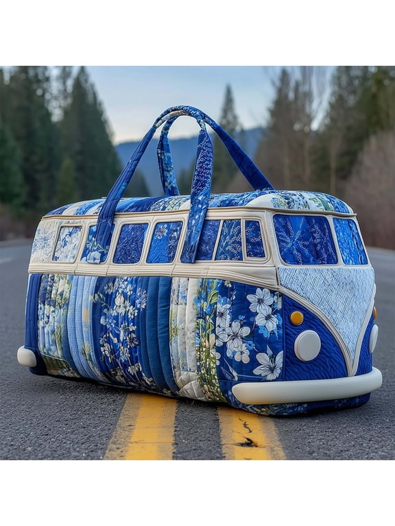Bright Vintage Bus Canvas Duffel Bag, Recreational Embroidered Quilted Weekender Bag for Women, Large Capacity Travel Tote with Handles