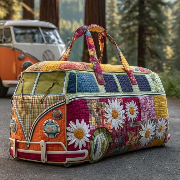 Bright Vintage Bus Canvas Duffel Bag, Recreational Embroidered Quilted Weekender Bag for Women, Large Capacity Travel Tote with Handles