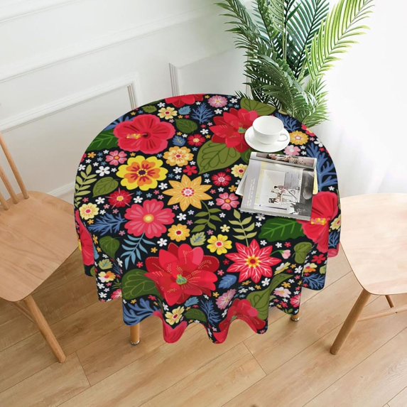 Bright Vintage Flowers Tablecloth Round 60 Inch Vibrant Ditsy Floral Table Cover Colorful Exotic flowers Table Cloth Washable for Dining Kitchen Parties Cabin Farmhouse Decor
