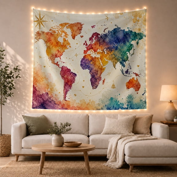 Bright Watercolor World Map With Compass Stars, Adventurous Watercolor Style for Travel Lovers, Map Wall Decor, Graduation Gift, Tapestry Wall Hanging for Bedroom and Study Room