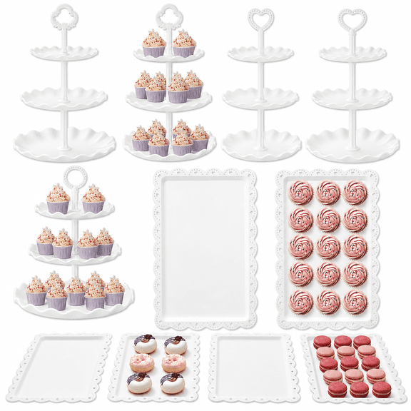 Bright White 10 Set Dessert Cupcake Stand 3 Tiered Cake Holder Serving Trays for Events