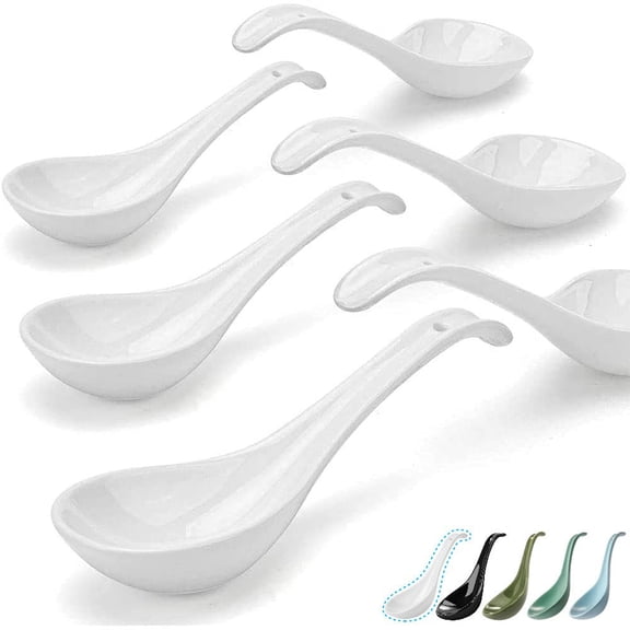 Bright White 6.75 Inch Asian Spoon 6 Piece Set, Ultra Fine Porcelain Spoon, Chinese/Japanese Kitchen Oatmeal Spoon, Ramen Pho-Deep Oval Hook Design