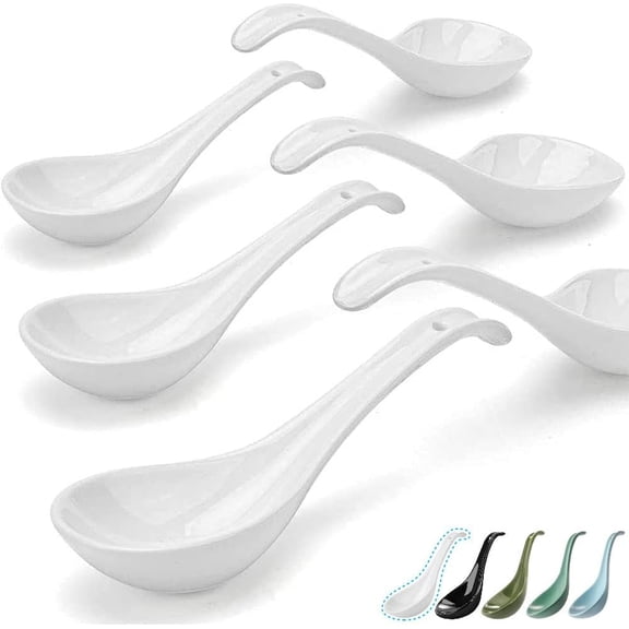 Bright White 6.75 inch Asian Soup Spoons Set of 6, Ultra-fine Porcelain Tablespoon, Chinese/Japanese Kitchen Soup Spoons for Cereal, Ramen Pho - Deep Oval Hook Design