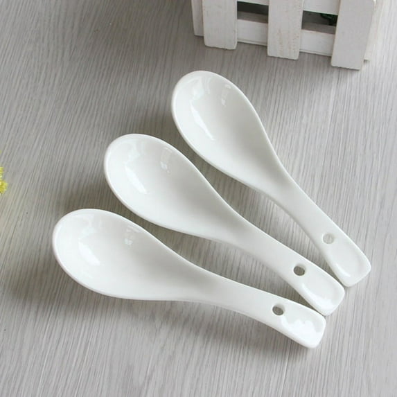 Bright White 6 inch Large Soup Spoons, 3 Pieces Ultra-fine Porcelain Spoons, Asian Soup Spoons for Stews, Soup Spoon Long Handle Big Japanese-style Spoons, Deep Oval Hook Design