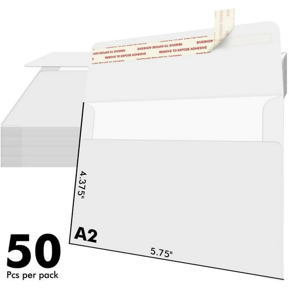 Bright White A2 Invitation Envelopes 4 3/8 x 5 3/4, Small 4X5 Inch Self Seal Envelopes, 50 per Pack for Cards