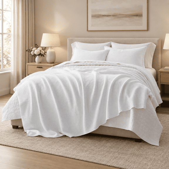 Bright White Full/Queen (92" X 96") Waffle Weave Cotton Bed Blanket