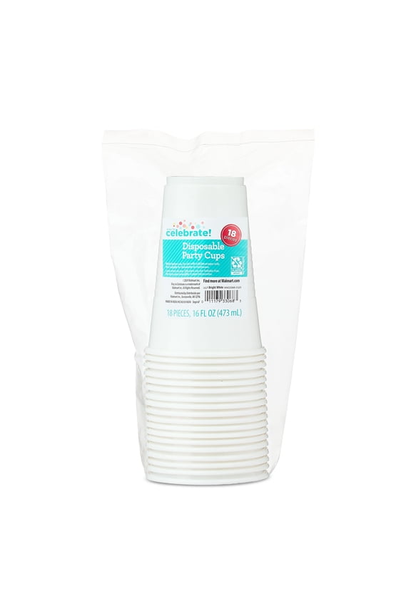 Plastic Disposable Party Cups, Bright White, 16 oz, 18 Pieces, by Way To Celebrate