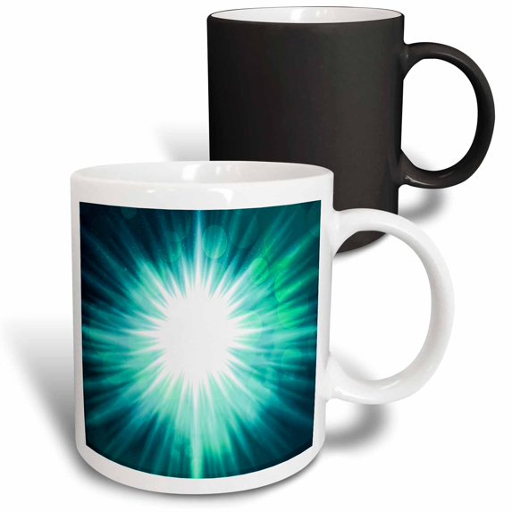 3drose, Bright White Star Burst on Aqua with Green Bokeh Sparkles, 11oz Magic Transforming Mug