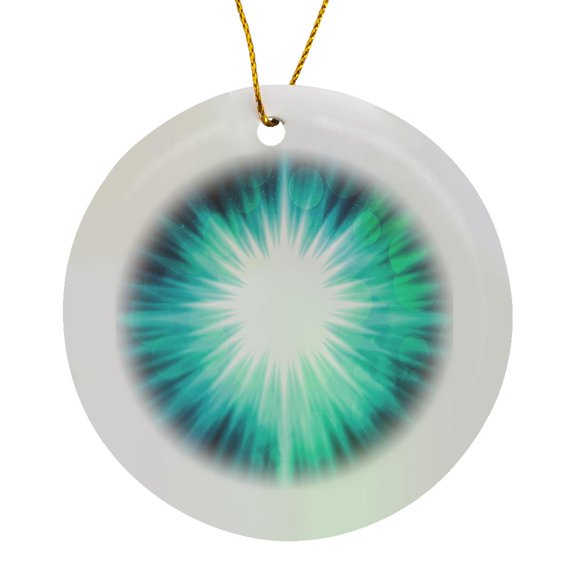 3drose, Bright White Star Burst on Aqua with Green Bokeh Sparkles, Circle Porcelain Ornament