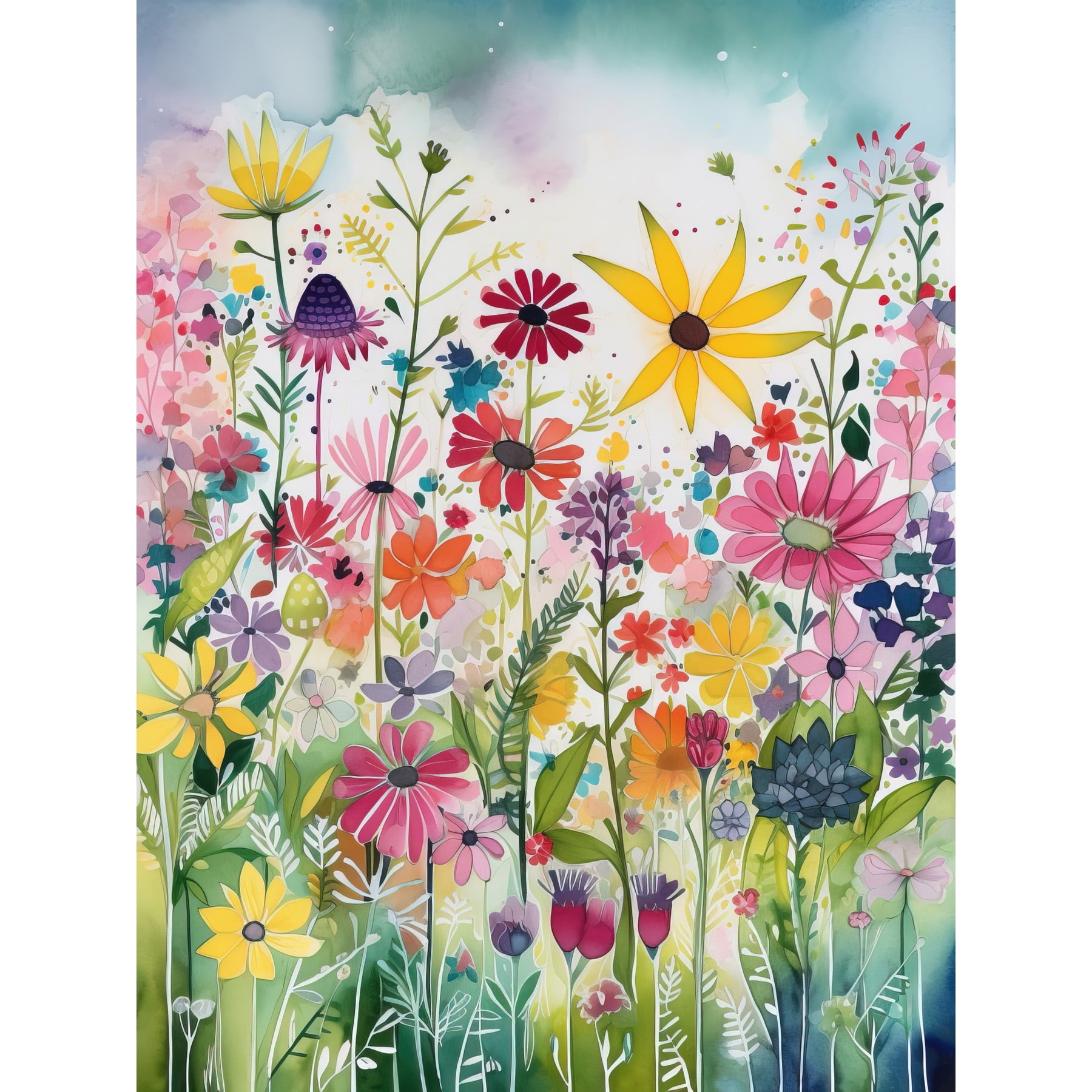Bright Wildflower Floral Blooms Modern Folk Art Large Wall Art