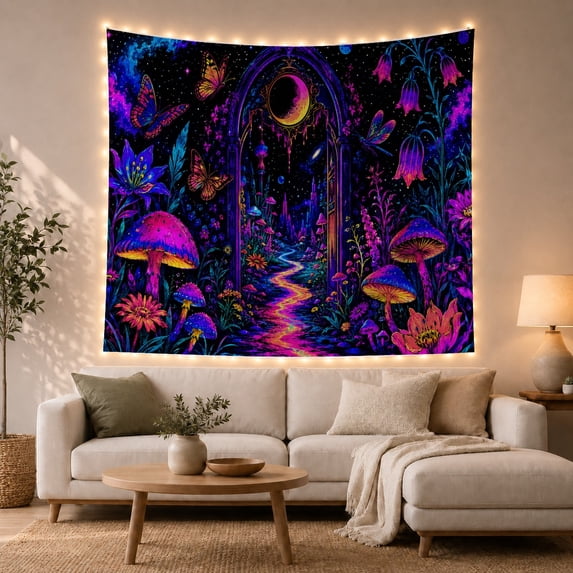 Bright Winding Path Through Arched Doorway in Dark Fantasy Garden, Mystical Fantasy for Fantasy Fans, Whimsical Wall Art, Halloween Gift Tapestry Wall Hanging for Bedroom and Living Room