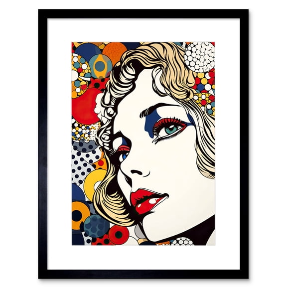 Bright Woman Face with Geometric Patterns and Bubbles Comic Book Style Pop Art Halftone Artwork Framed Wall Art Print 9X7 Inch