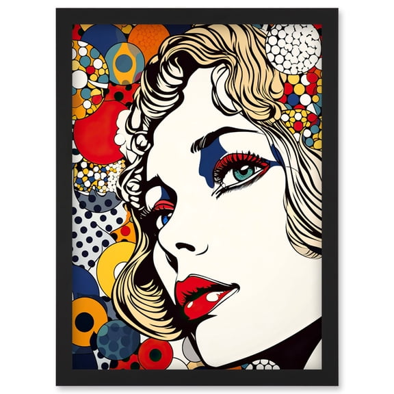 Bright Woman Face with Geometric Patterns and Bubbles Comic Book Style Pop Art Halftone Artwork Framed Wall Art Print A4