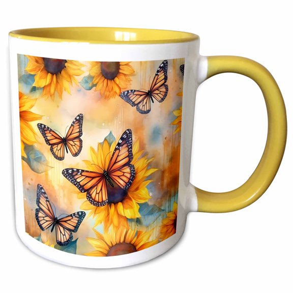 3drose, Bright Yellow and Orange Sunflowers and Monarch Butterflies, 15oz Two-tone Yellow Mug