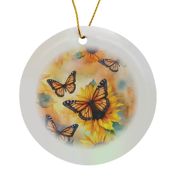 3drose, Bright Yellow and Orange Sunflowers and Monarch Butterflies, Circle Porcelain Ornament