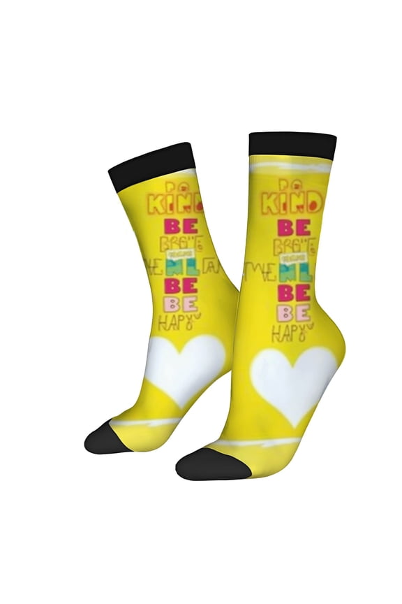 Bright Yellow & Black Toe Cap Socks - 2 Pairs of Unisex Trendy Socks with Colorful ' DO KIND BE HAPPY ' Text & Heart Design