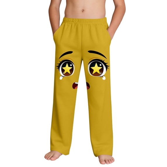 Bright Yellow Boys Anime Face Print Sweatpants Kawaii Manga Soft Lounge Pants for Kids Casual Stretchy Bottoms with Pockets Elastic Waistband,Size 12 T