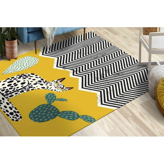 Bright Yellow Cat Rug, Yellow Rug, Modern Rugs, Outdoor Rug, Decorative Rug, Large Rug, Non Slip Rug, Personalized Rug, Minimal Soft Rug, 5.9'x9.2' - 180x280 cm
