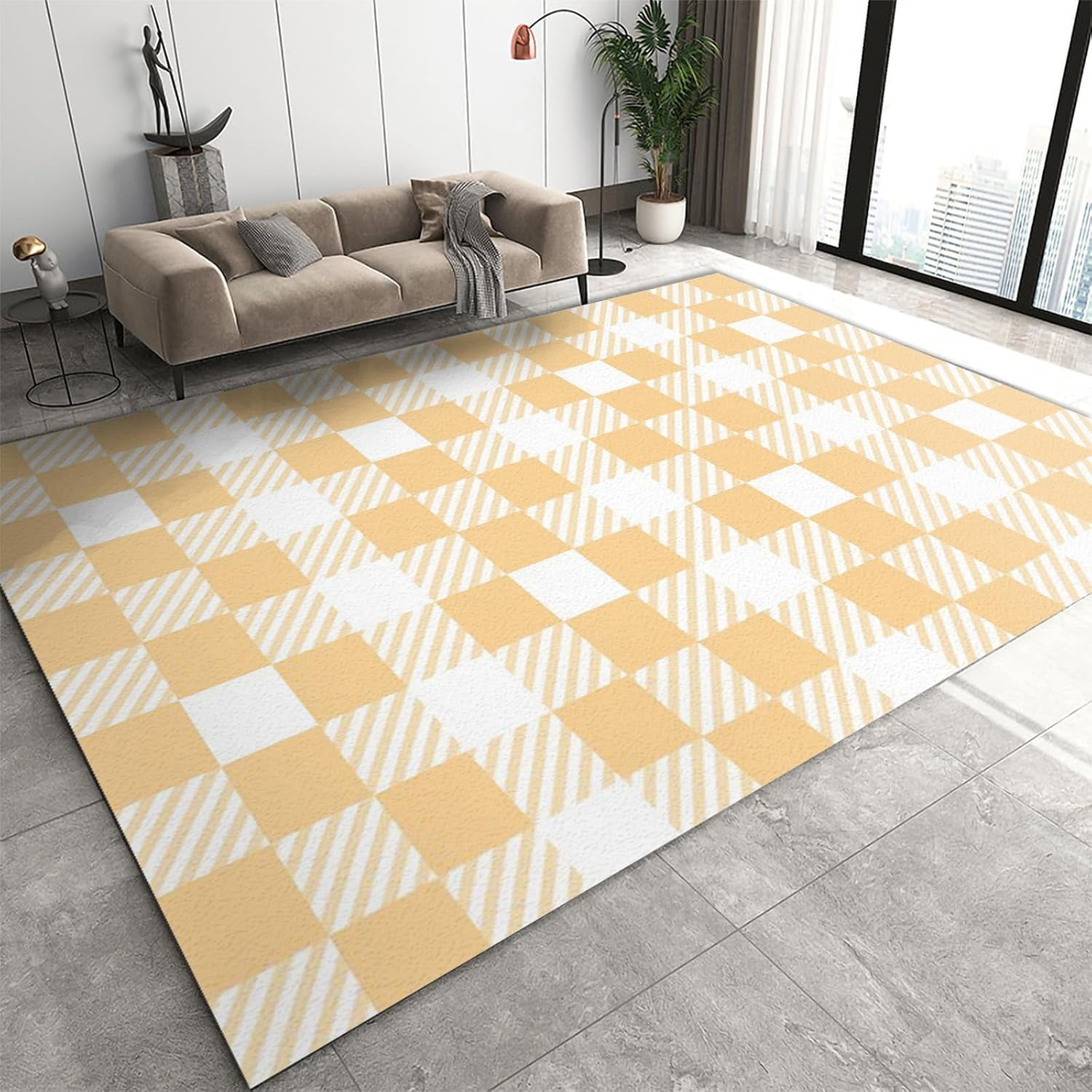 Bright Yellow Rug Bright Yellow Checkered Rug, Simple Soft Geometry Living Room Rugs, Non ...