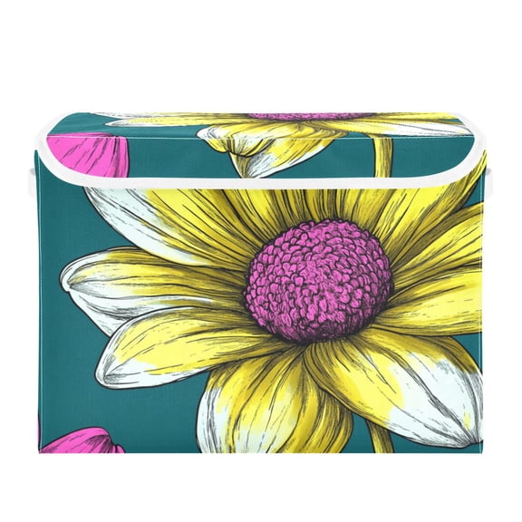 Bright Yellow Daisies on Green Large Storage Bins with Linen Collapsible Lid Storage Box 16.7 x 12.6 x 11.8in