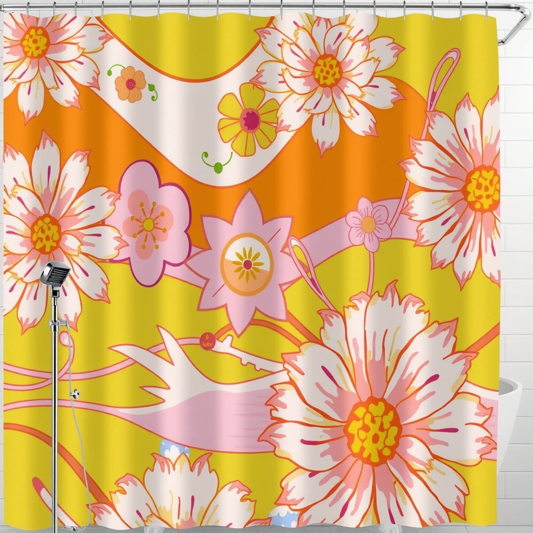 Bright Yellow Floral Shower Curtain Pink & Orange Design, 1960s Retro