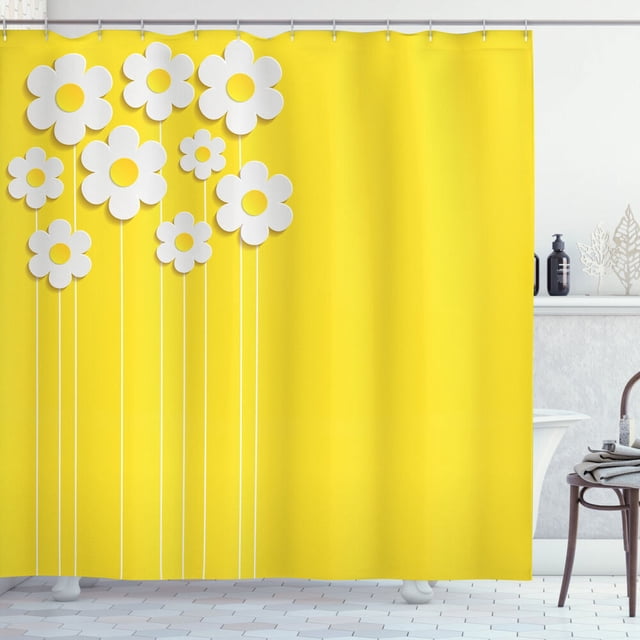 Bright Yellow Floral Shower Curtain with Cartoon Spring Flowers for a