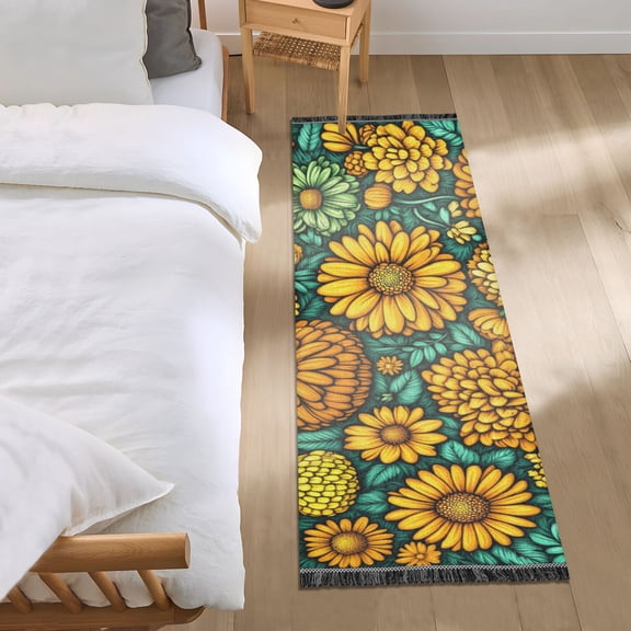 Bright Yellow Flowers Bedroom Runner Rug 2'x 6' Non Slip Carpet Indoor Home Area Rug Living Room