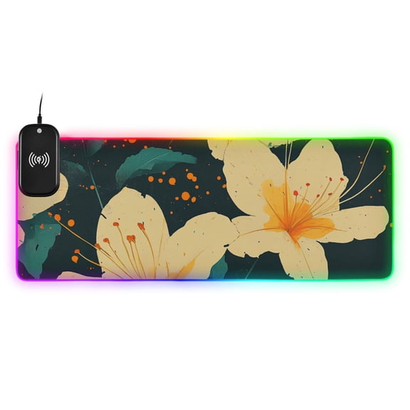 Bright Yellow Flowers Wireless Charging RGB Gaming Mouse Pad Large Keyboard Mat Rubber Base 13 Light Modes