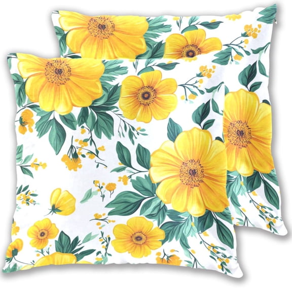 Bright Yellow Flowers with Green Leaves Throw Pillow Covers 16x16 Inch 2 Packs Decorative Square for Living Room Couch Bed Sofa