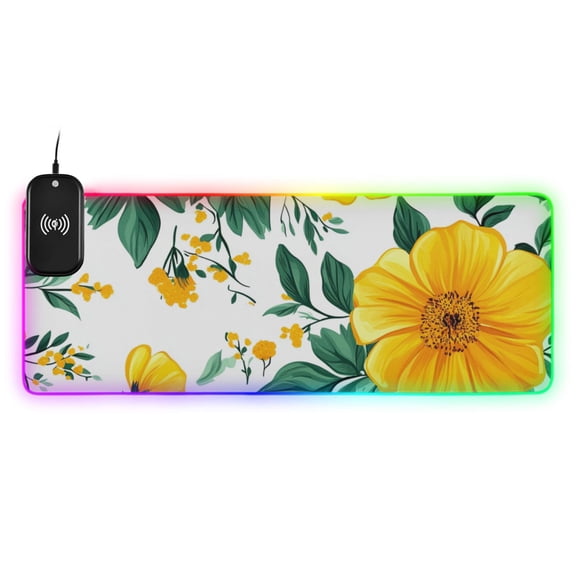 Bright Yellow Flowers with Green Leaves Wireless Charging RGB Gaming Mouse Pad Large Keyboard Mat Rubber Base 13 Light Modes