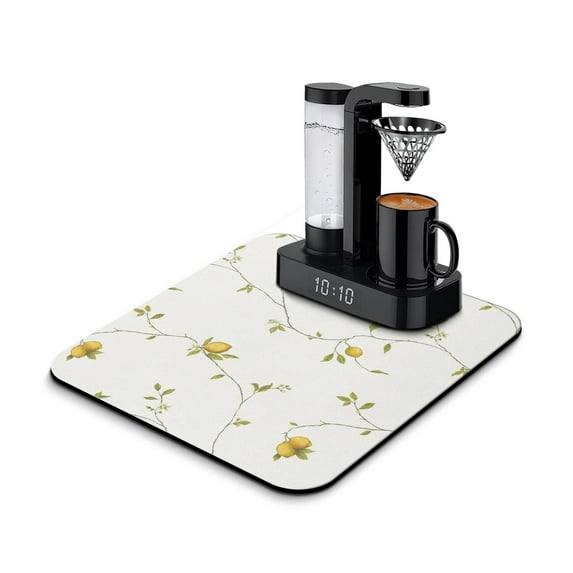 Bright Yellow Fresh Lemon Fruit Coffee Station Mat Absorbent Rubber Backed Drying Mat for Kitchen Counter Vintage Floral Summer Style